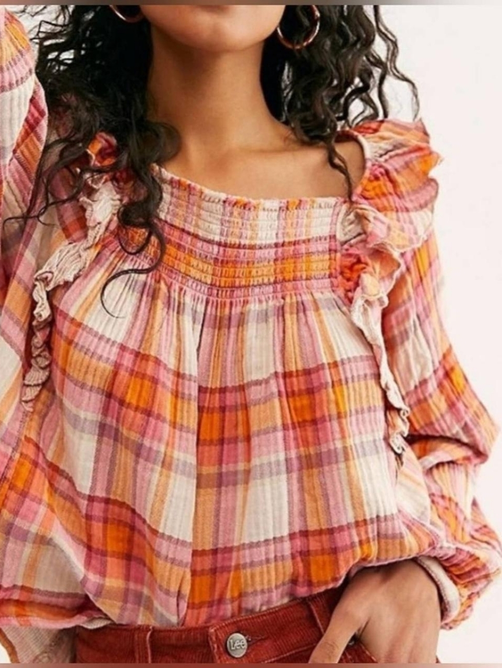 Free People Orange Siena Ruffle Plaid Long Sleeve Blouse, Medium,Boho Chic Retro